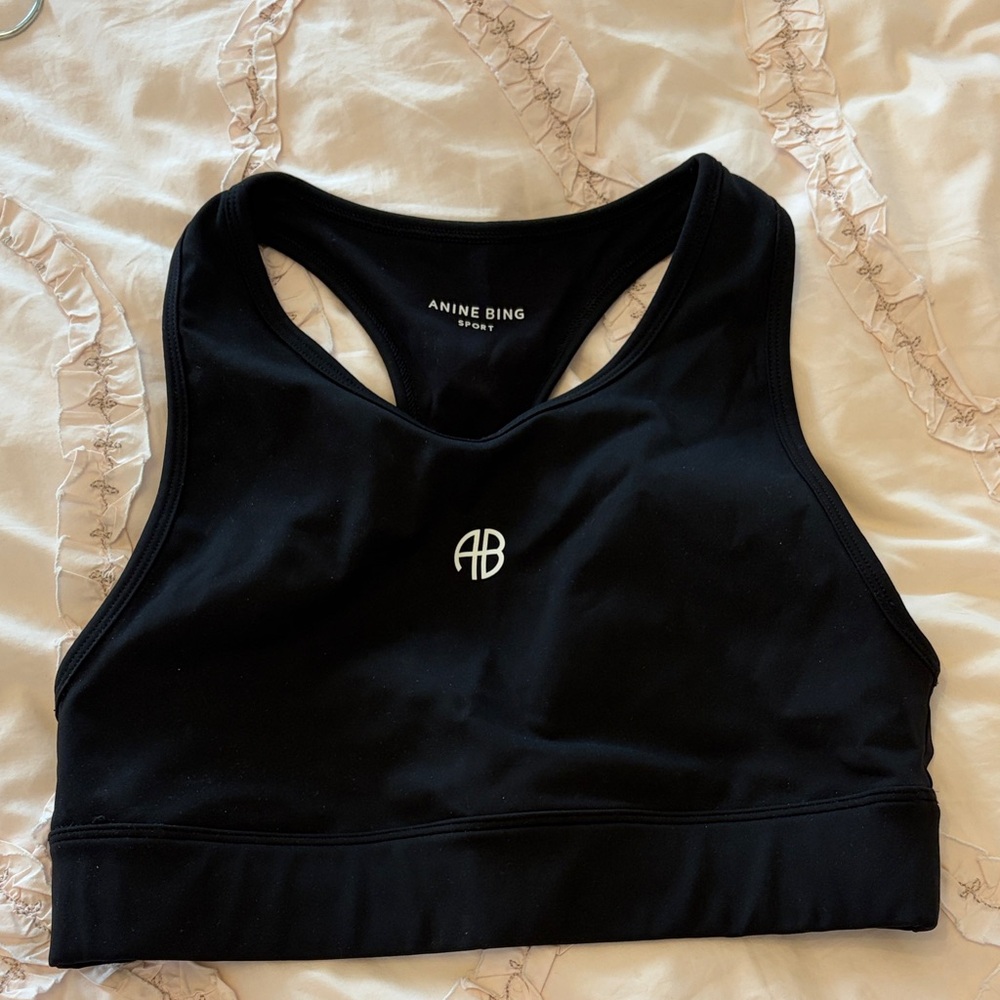 Anine Bing Black Racerback Sports Bra with AB Logo